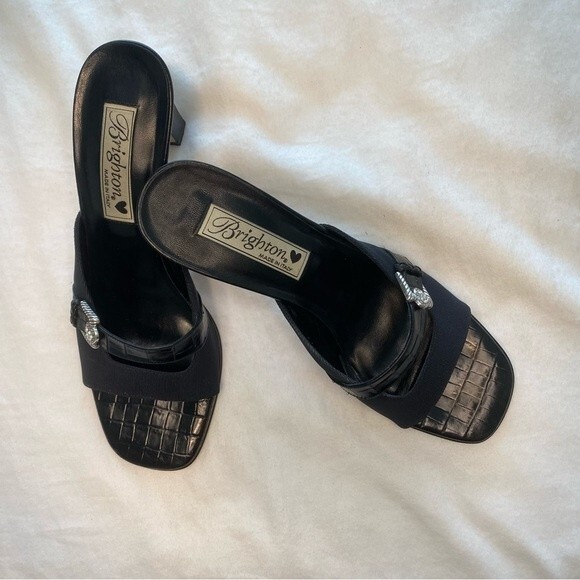 Brighton Renee Black Made In Italy Slide Open Toe Sandal Heels 7.5N - Picture 1 of 11